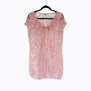 Vtg Pink Floral Peignoir S/M Sheer Chiffon Lace 90s Y2K Fairy Coquette Nightie